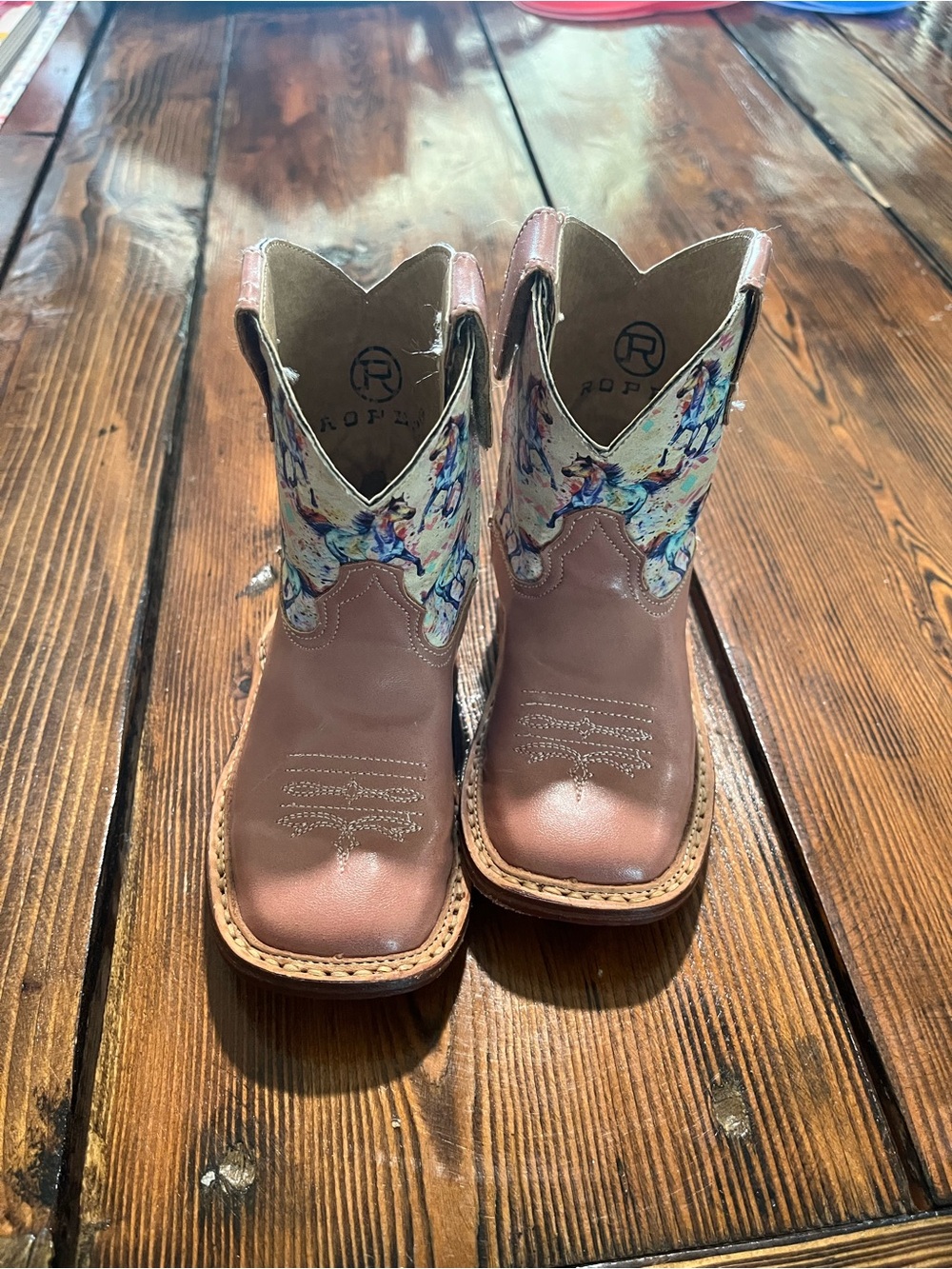 Roper Girls' Brown Leather Boots with Multicolor Floral Shaft